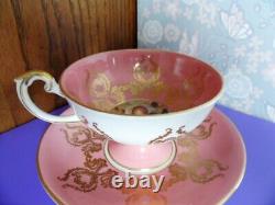 Aynsley Pedestal Cup & Saucer 2832 Orchard Fruit Coral Pink Gold Scrolls