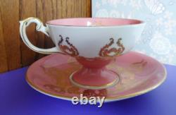 Aynsley Pedestal Cup & Saucer 2832 Orchard Fruit Coral Pink Gold Scrolls