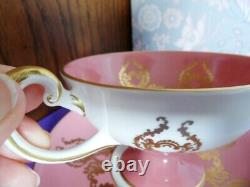 Aynsley Pedestal Cup & Saucer 2832 Orchard Fruit Coral Pink Gold Scrolls