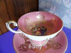 Aynsley Pedestal Cup & Saucer 2832 Orchard Fruit Coral Pink Gold Scrolls