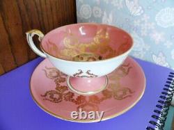 Aynsley Pedestal Cup & Saucer 2832 Orchard Fruit Coral Pink Gold Scrolls