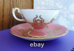 Aynsley Pedestal Cup & Saucer 2832 Orchard Fruit Coral Pink Gold Scrolls