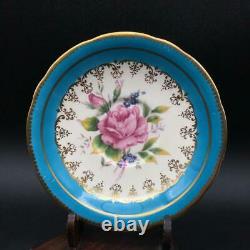 Aynsley Pink Cabbage Rose On Blue Tea Cup & Saucer Set With Gold Filigree Cs100