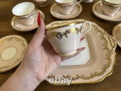 Aynsley Pink & Gold Gilt Teaset For 5 With Cake Plate Teacups & Saucers Vintage