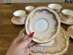Aynsley Pink & Gold Gilt Teaset For 5 With Cake Plate Teacups & Saucers Vintage