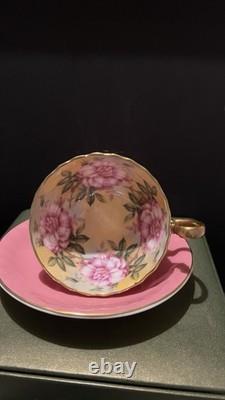 Aynsley Pink Tea Cup & Saucer Floral Rose Interior Gold Handle Fine Bone China