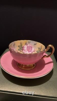 Aynsley Pink Tea Cup & Saucer Floral Rose Interior Gold Handle Fine Bone China