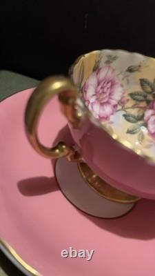 Aynsley Pink Tea Cup & Saucer Floral Rose Interior Gold Handle Fine Bone China