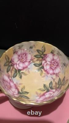 Aynsley Pink Tea Cup & Saucer Floral Rose Interior Gold Handle Fine Bone China