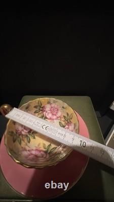 Aynsley Pink Tea Cup & Saucer Floral Rose Interior Gold Handle Fine Bone China