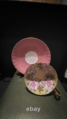 Aynsley Pink Tea Cup & Saucer Floral Rose Interior Gold Handle Fine Bone China