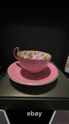 Aynsley Pink Tea Cup & Saucer Floral Rose Interior Gold Handle Fine Bone China