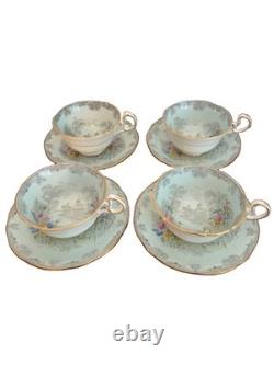 Aynsley Queen's Garden Tea Cups & Saucers Set 4 Bone China England Gold Trim