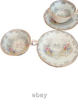 Aynsley Queen's Garden Tea Cups & Saucers Set 4 Bone China England Gold Trim