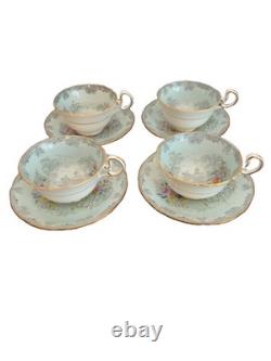 Aynsley Queen's Garden Tea Cups & Saucers Set 4 Bone China England Gold Trim