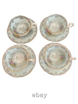 Aynsley Queen's Garden Tea Cups & Saucers Set 4 Bone China England Gold Trim