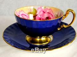 Aynsley RARE Fancy Cobalt Blue Rich Gold Large Pink Roses Cup & Saucer 1940s