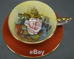 Aynsley Signed Bailey Pink Rose Floral Orange & Gold Bone China Tea Cup & Saucer