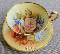 Aynsley Signed J. A. Bailey Gold Wide Mouth Cabbage Roses Teacup and Saucer Set