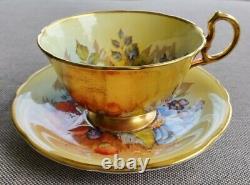 Aynsley Signed J. A. Bailey Gold Wide Mouth Cabbage Roses Teacup and Saucer Set