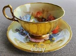 Aynsley Signed J. A. Bailey Gold Wide Mouth Cabbage Roses Teacup and Saucer Set