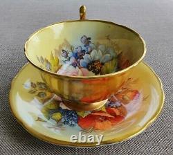 Aynsley Signed J. A. Bailey Gold Wide Mouth Cabbage Roses Teacup and Saucer Set