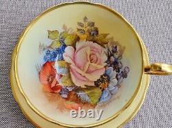 Aynsley Signed J. A. Bailey Gold Wide Mouth Cabbage Roses Teacup and Saucer Set