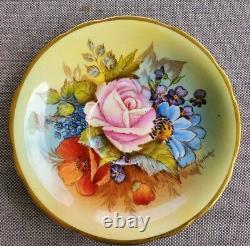 Aynsley Signed J. A. Bailey Gold Wide Mouth Cabbage Roses Teacup and Saucer Set