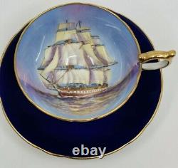 Aynsley Tall Ship Teacup Cup & Saucer Cobalt Blue Great Shape Gold 1034