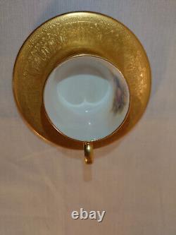 Aynsley Tea Coffee Cup Saucer heavy gilt embossed Gold edge Gilded Orchard rare