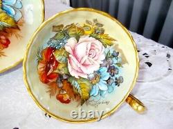 Aynsley Tea Cup & Saucer Both Signed J A Bailey England Cabbage Roses Gold Cup