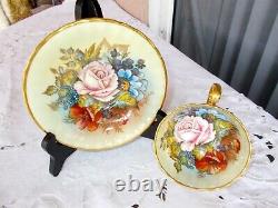 Aynsley Tea Cup & Saucer Both Signed J A Bailey England Cabbage Roses Gold Cup