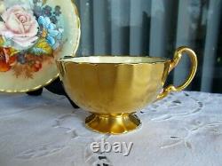 Aynsley Tea Cup & Saucer Both Signed J A Bailey England Cabbage Roses Gold Cup