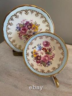 Aynsley Tea Cup Saucer Cabbage Rose Blue And Gold