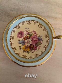 Aynsley Tea Cup Saucer Cabbage Rose Blue And Gold