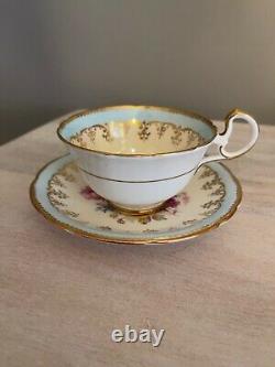 Aynsley Tea Cup Saucer Cabbage Rose Blue And Gold