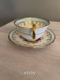 Aynsley Tea Cup Saucer Cabbage Rose Blue And Gold