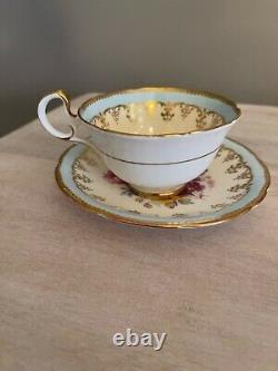 Aynsley Tea Cup Saucer Cabbage Rose Blue And Gold