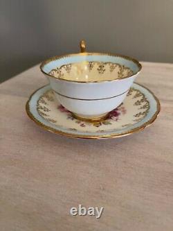 Aynsley Tea Cup Saucer Cabbage Rose Blue And Gold