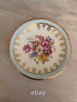 Aynsley Tea Cup Saucer Cabbage Rose Blue And Gold