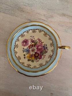 Aynsley Tea Cup Saucer Cabbage Rose Blue And Gold