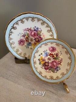 Aynsley Tea Cup Saucer Cabbage Rose Blue And Gold