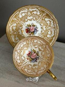 Aynsley Tea Cup Saucer Cabbage Rose Heavy Gold Signed Bailey Spectacular