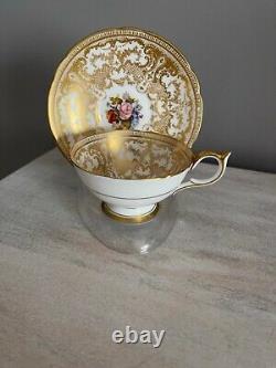 Aynsley Tea Cup Saucer Cabbage Rose Heavy Gold Signed Bailey Spectacular