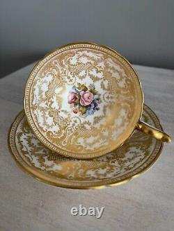 Aynsley Tea Cup Saucer Cabbage Rose Heavy Gold Signed Bailey Spectacular