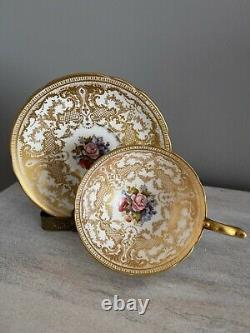 Aynsley Tea Cup Saucer Cabbage Rose Heavy Gold Signed Bailey Spectacular