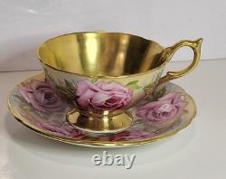 Aynsley Tea Cup Saucer Set pink cabbage rose gold hue interior England vintage