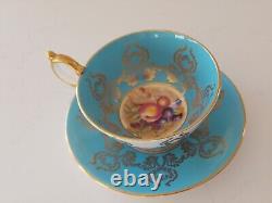Aynsley Tea Cup & Saucer Turquoise White Orchard Gold 2832 Vintage