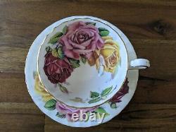 Aynsley Three Large Roses Red Pink Yellow Gold Ribbed Teacup Tea Cup saucer