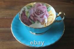 Aynsley Three Large Roses Red Pink Yellow Gold Turquoise Teacup Tea Cup saucer